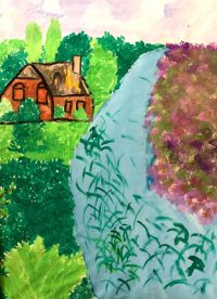 von einem Kind gemaltes Bild eines Hauses an einem Fluss