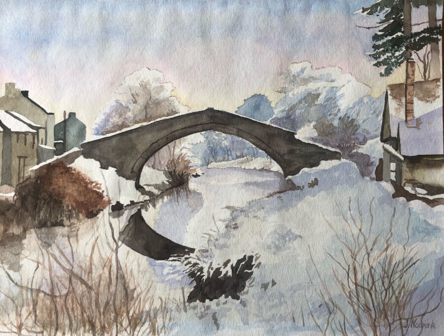 BrückeimSchnee, Aquarell au Papier, 39,9x29,5 cm