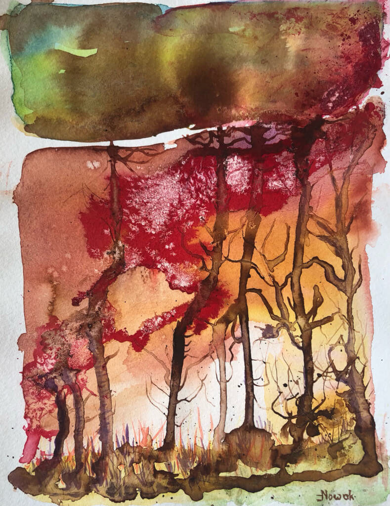 Gewitterstimmung, Aquarellfarben und Tusche auf Papier, 40x30 cm