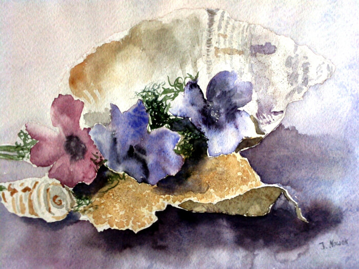 StilllebenmitMuschel, Aquarell auf Papier,39,9x29,5 cm